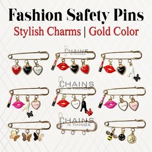 Safety Pins Fashion Style Charms Hearts Lipstick Heels Butterfly Gold Accessory
